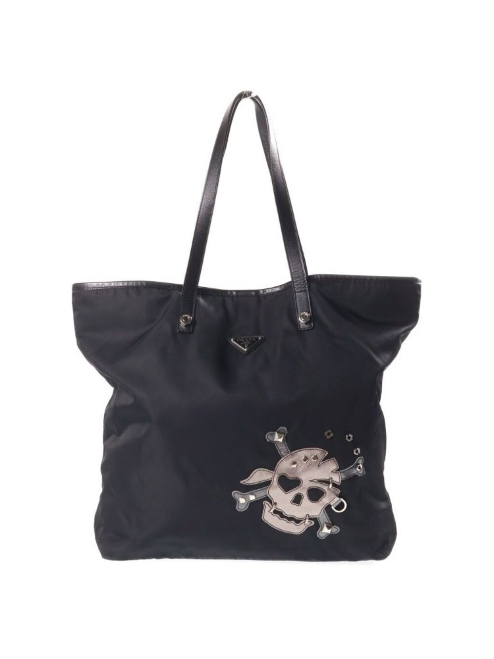 Prada Skull Tote Bag Black Leather Nylon Silver